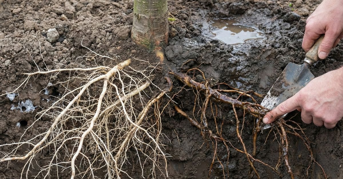Close-up comparison of tree roots in heavy clay soil: healthy, white fibrous roots on the left versus dark, decaying roots infected with Phytophthora root rot on the right, being pointed at by a hand with a trowel.