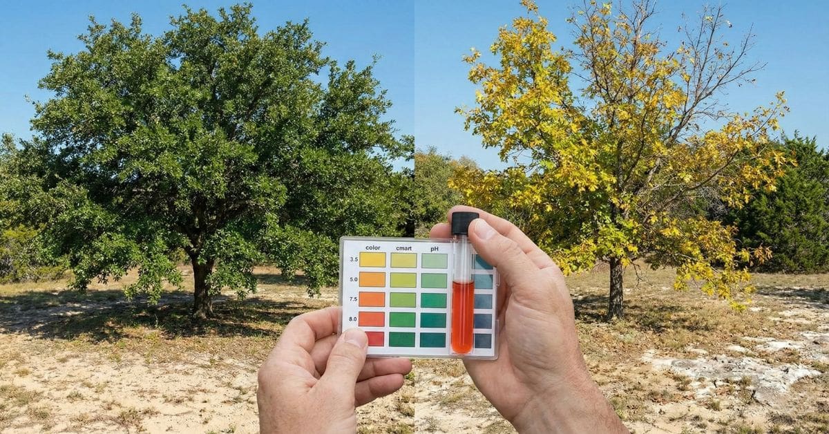 Person holding a soil pH test kit showing an acidic result, with a healthy green tree on the left and a tree with yellow chlorotic leaves on the right, illustrating the effect of soil pH on tree health.