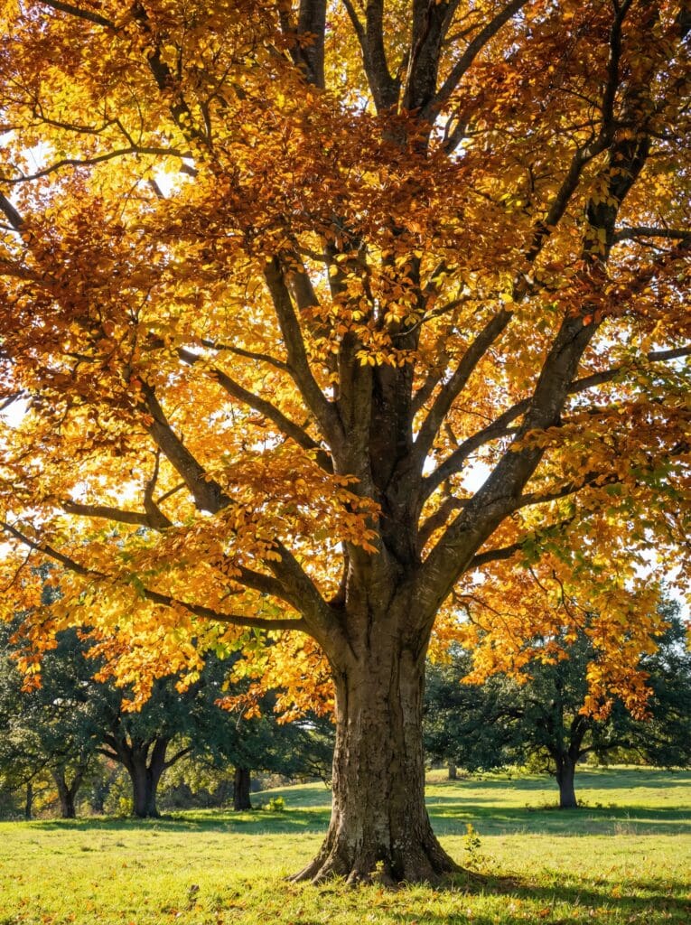 A large, broad-canopied tree with dense golden-yellow, amber, and bronze fall foliage stands in an open grassy field, its thick trunk and spreading branches backlit by sunlight, with darker trees visible in the background.
