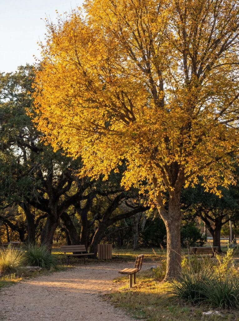 A tall tree with bright golden-yellow fall foliage stands over a gravel park path lined with benches and a trash bin, surrounded by dark green live oak trees in late afternoon light.