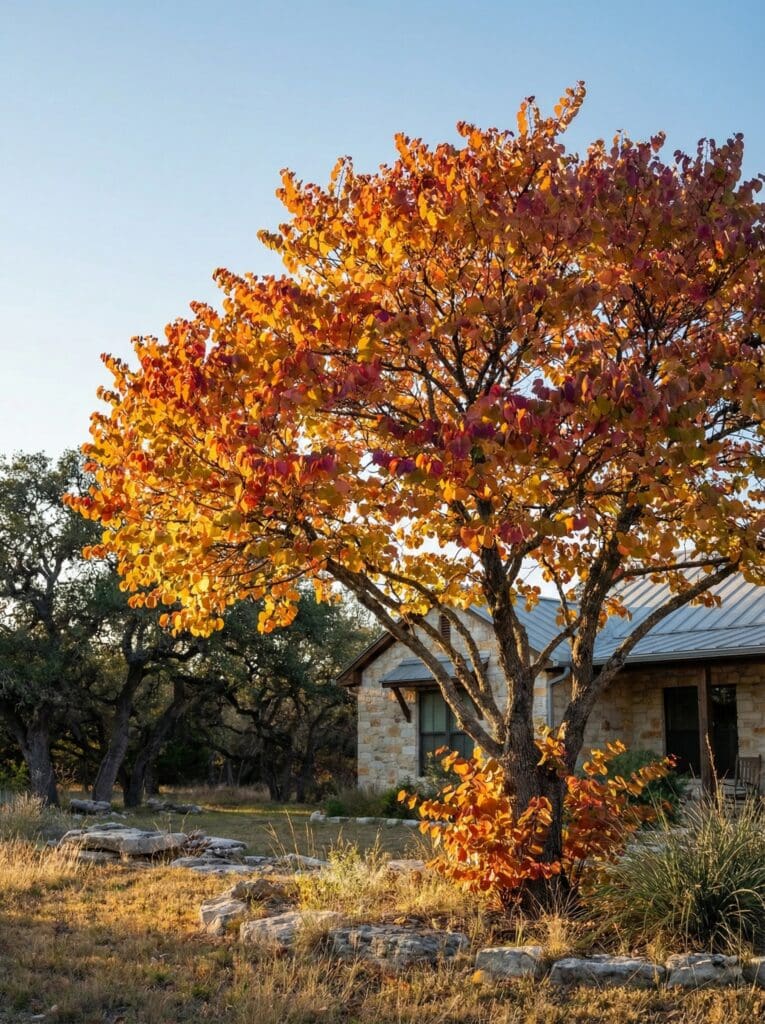 A single-trunked tree with gold, orange, and burgundy fall foliage stands beside a stone country home with a metal roof, surrounded by native grasses, limestone rocks, and live oak trees in the background under a clear sky.