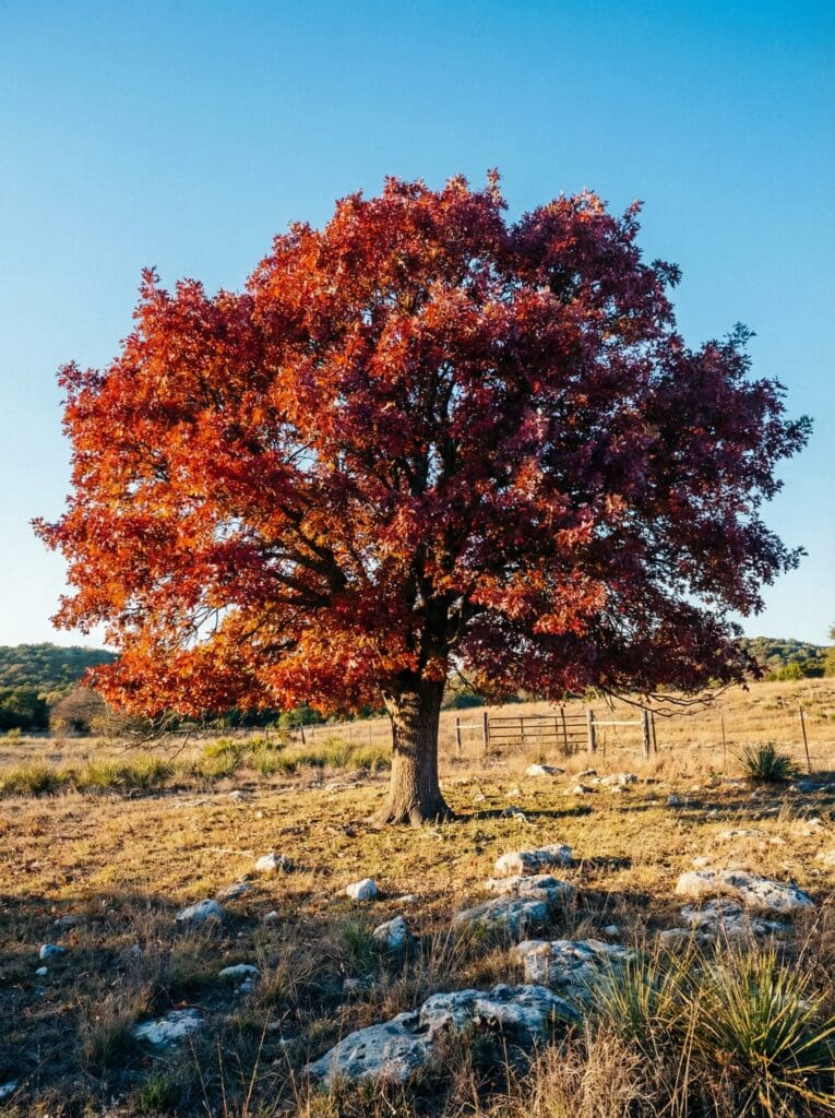 A large, solitary oak tree with full fall foliage ranging from orange to deep burgundy stands in a rocky, grassy field, with a wooden gate and fence line in the background and distant tree-covered hills under a clear blue sky.