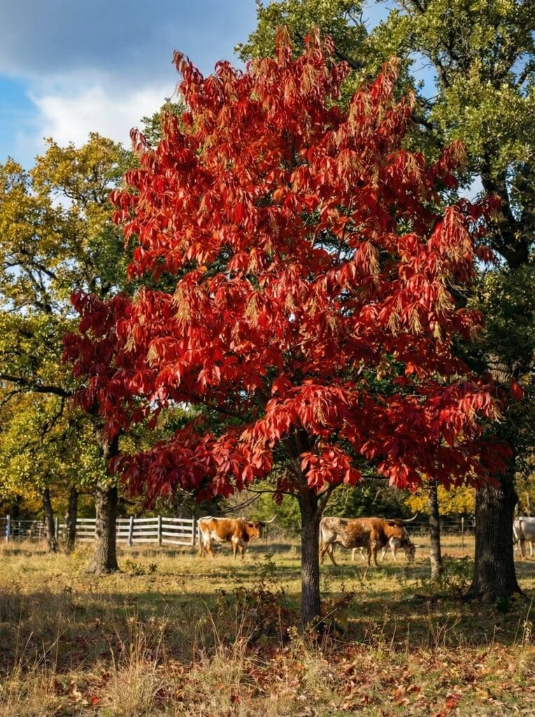 A mature Sourwood tree with deep crimson-red fall foliage stands in a grassy pasture, surrounded by green oak trees, with longhorn cattle grazing near a white fence in the background under a partly cloudy sky.